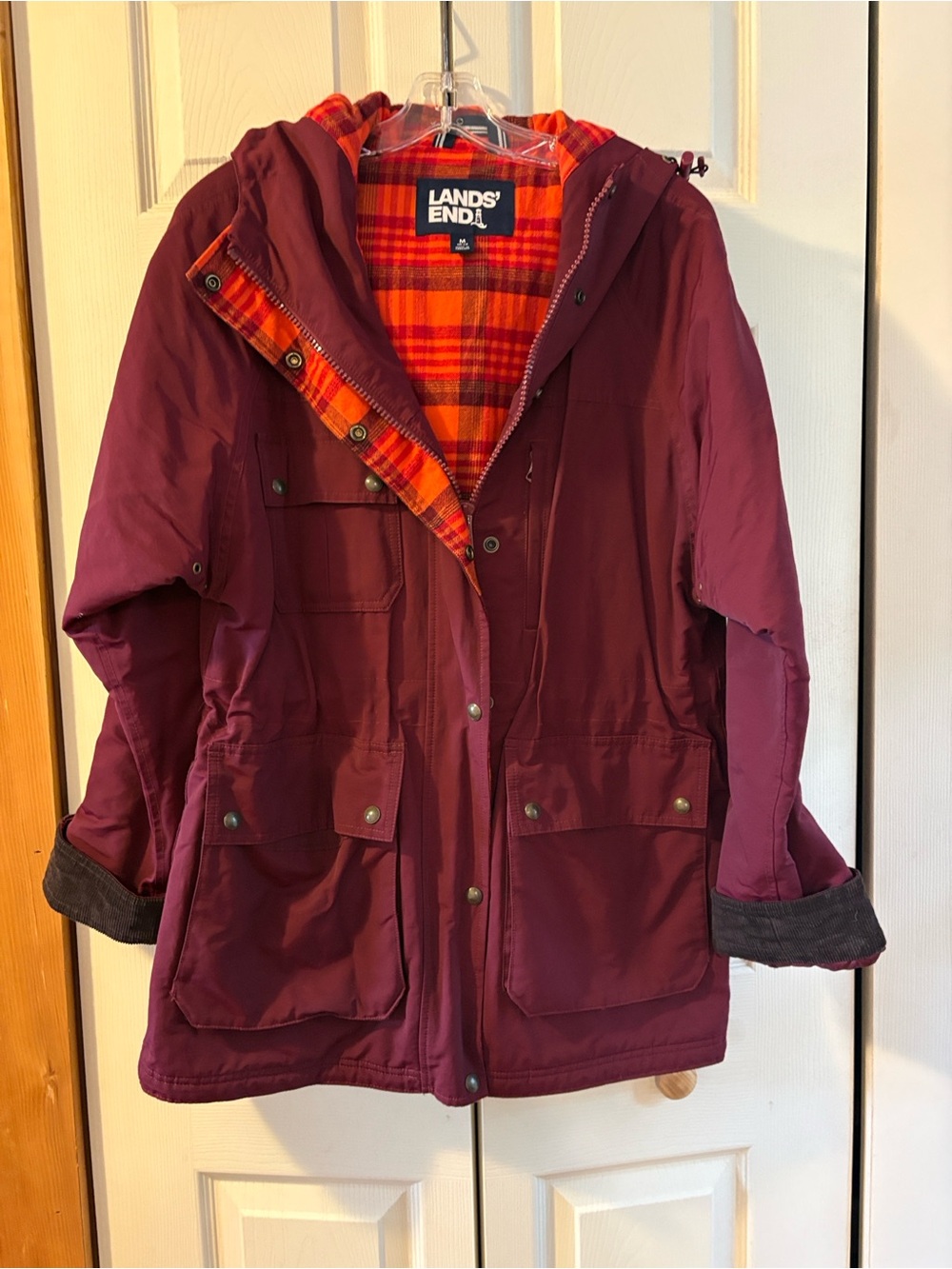 Lands' End Women's Maroon Hooded Utility Jacket with Orange Plaid Lining